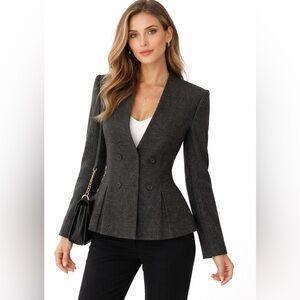 REBECCA TAYLOR Wool Silk Herringbone Peplum Blazer‎ Gray Double Breasted Size 10